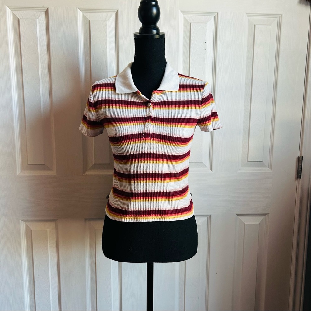 retro short sleeve polo orange & brown striped waffle knit